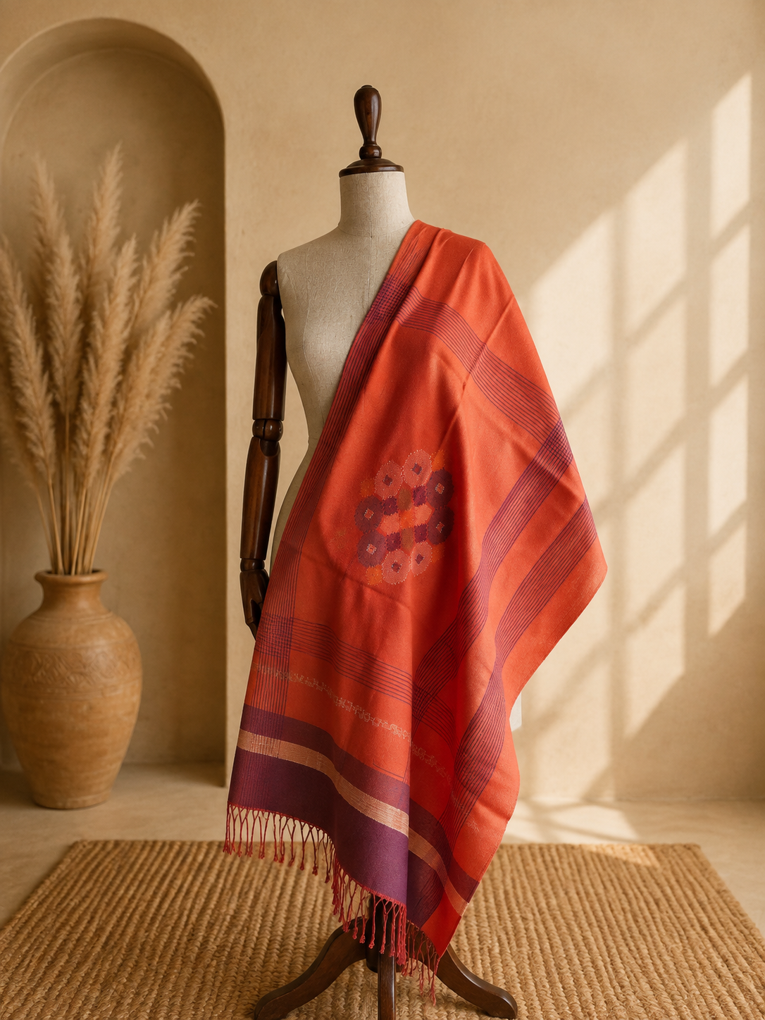 Handwoven pure merino wool Kullu stole in rust - folded view