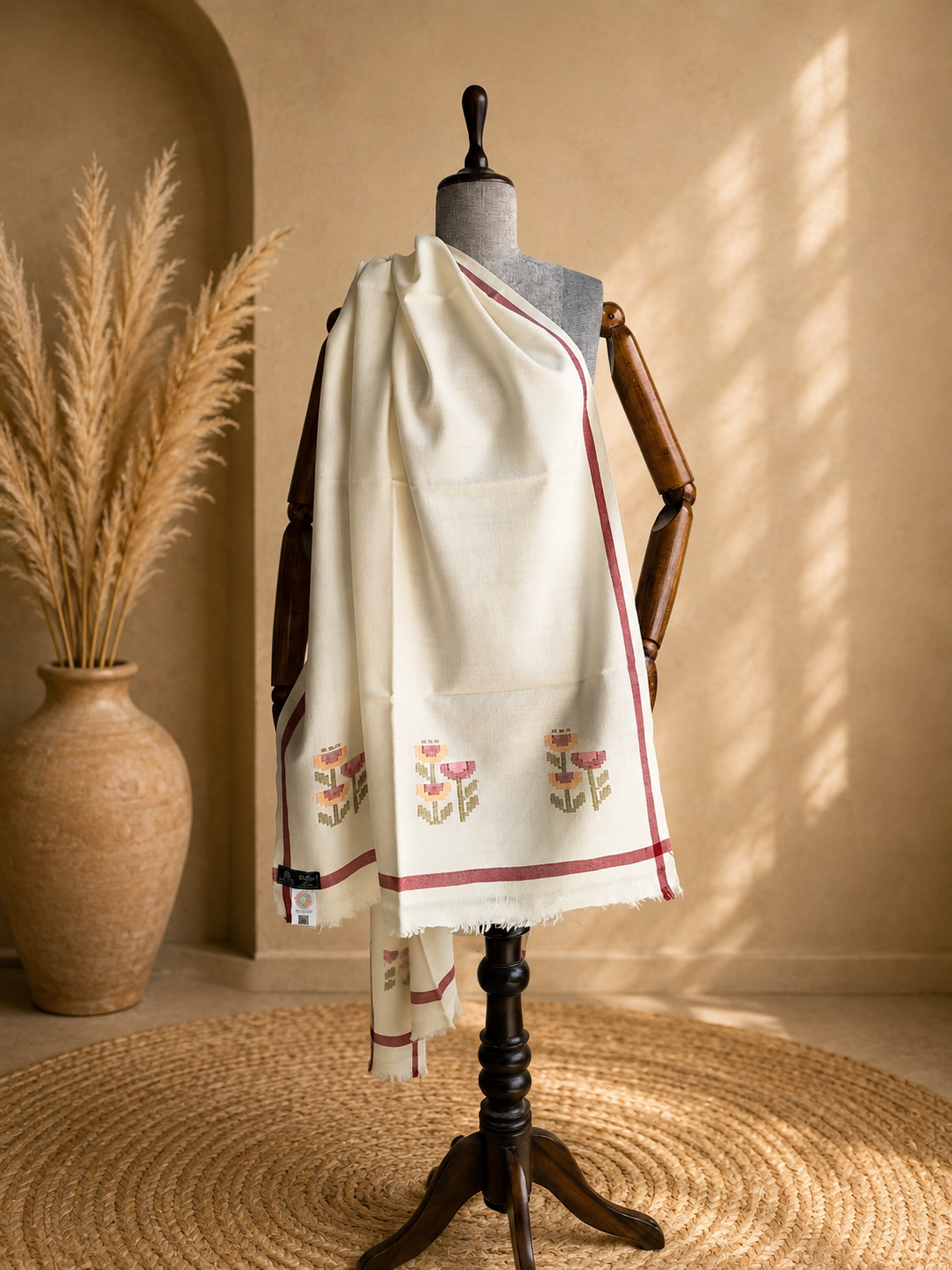 Handwoven pure merino wool Kullu stole in white - front view