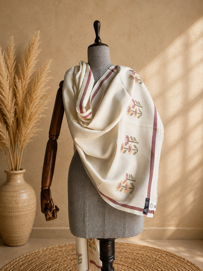 Handwoven pure merino wool Kullu stole in white - close-up texture
