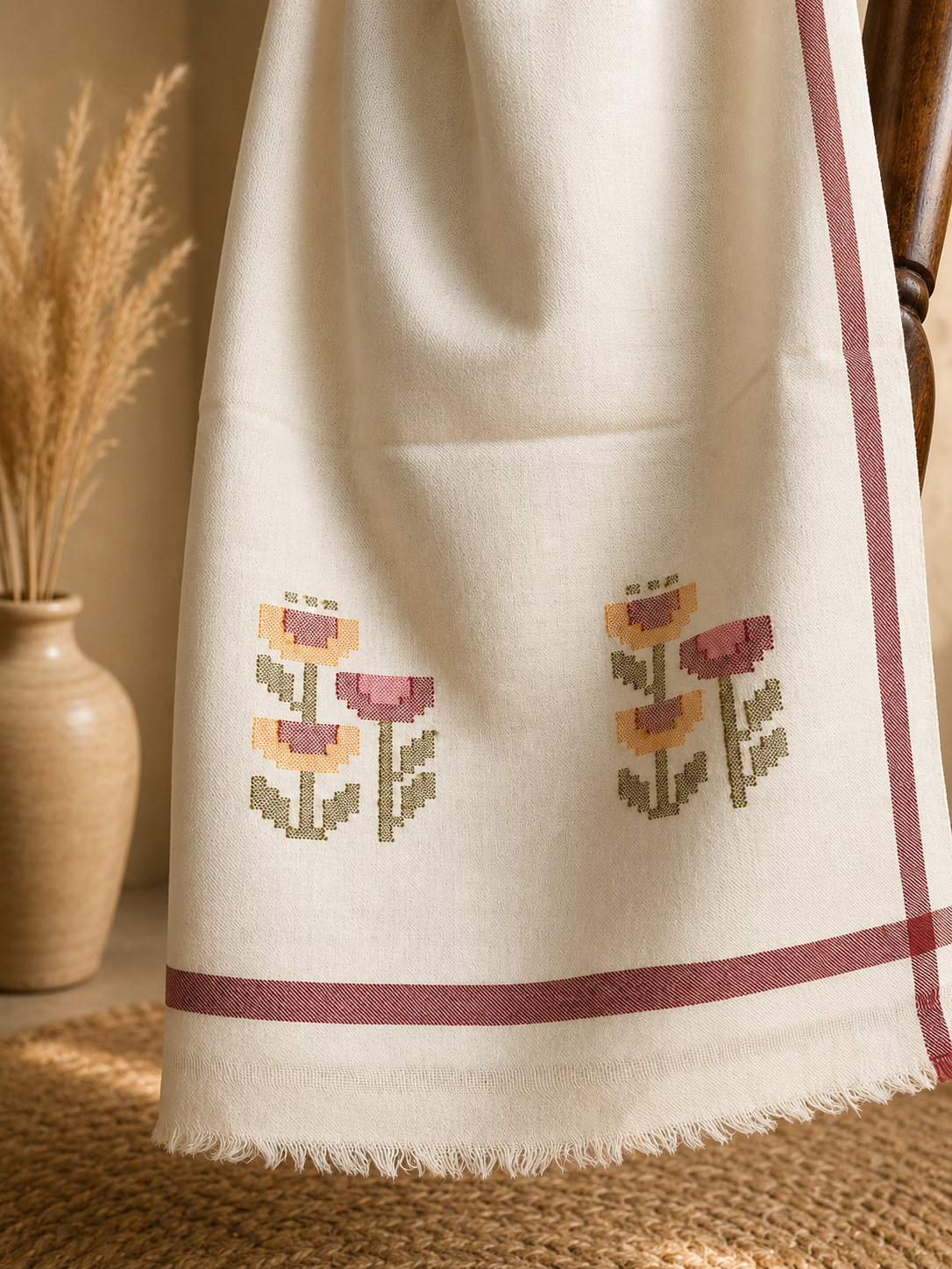 Handwoven pure merino wool Kullu stole in white - folded view