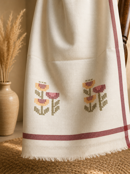 Handwoven pure merino wool Kullu stole in white - folded view