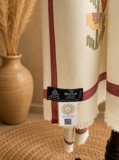 Handwoven pure merino wool Kullu stole in white - styled view