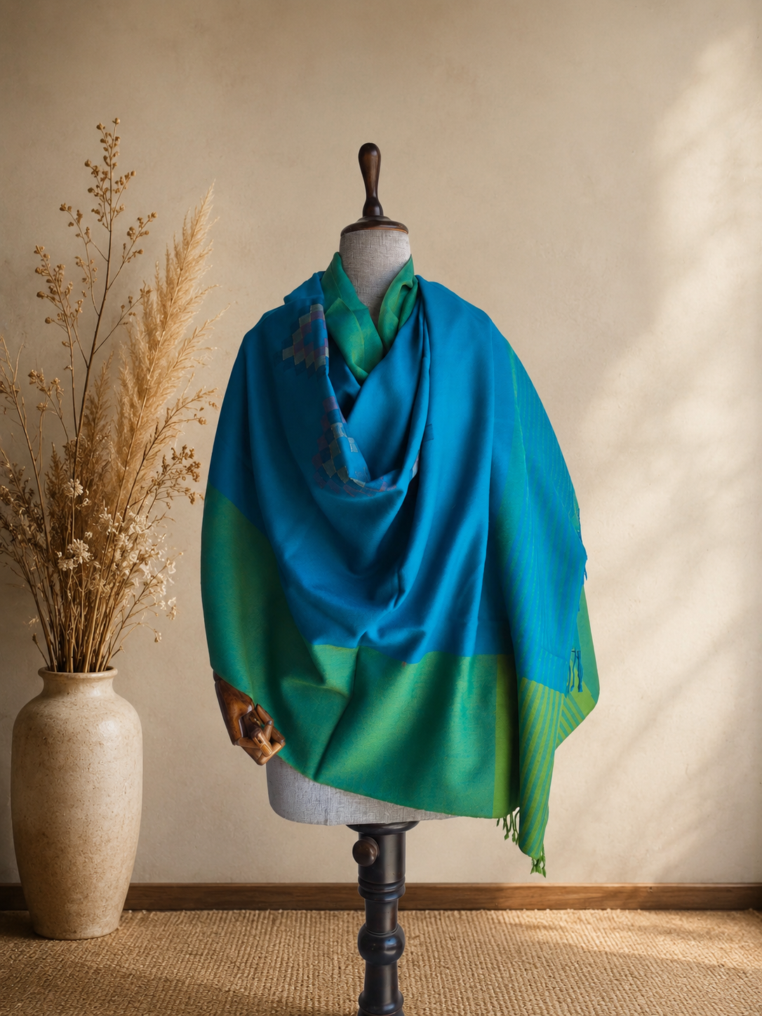 Handwoven Mangla Kullu shawl in pure merino wool, green and blue - front view