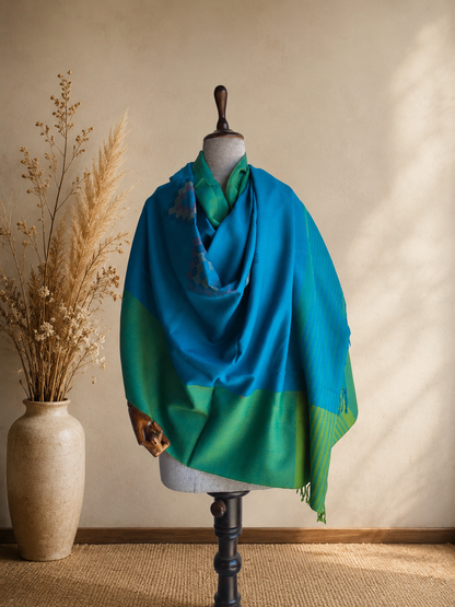 Handwoven Mangla Kullu shawl in pure merino wool, green and blue - front view