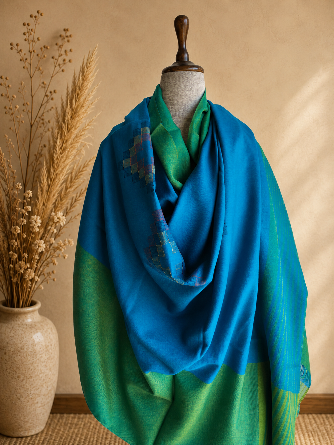Handwoven Mangla Kullu shawl in pure merino wool, green and blue - close-up texture