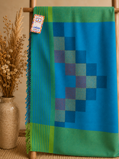 Handwoven Mangla Kullu shawl in pure merino wool, green and blue - folded view