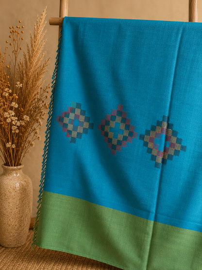 Handwoven Mangla Kullu shawl in pure merino wool, green and blue - styled view