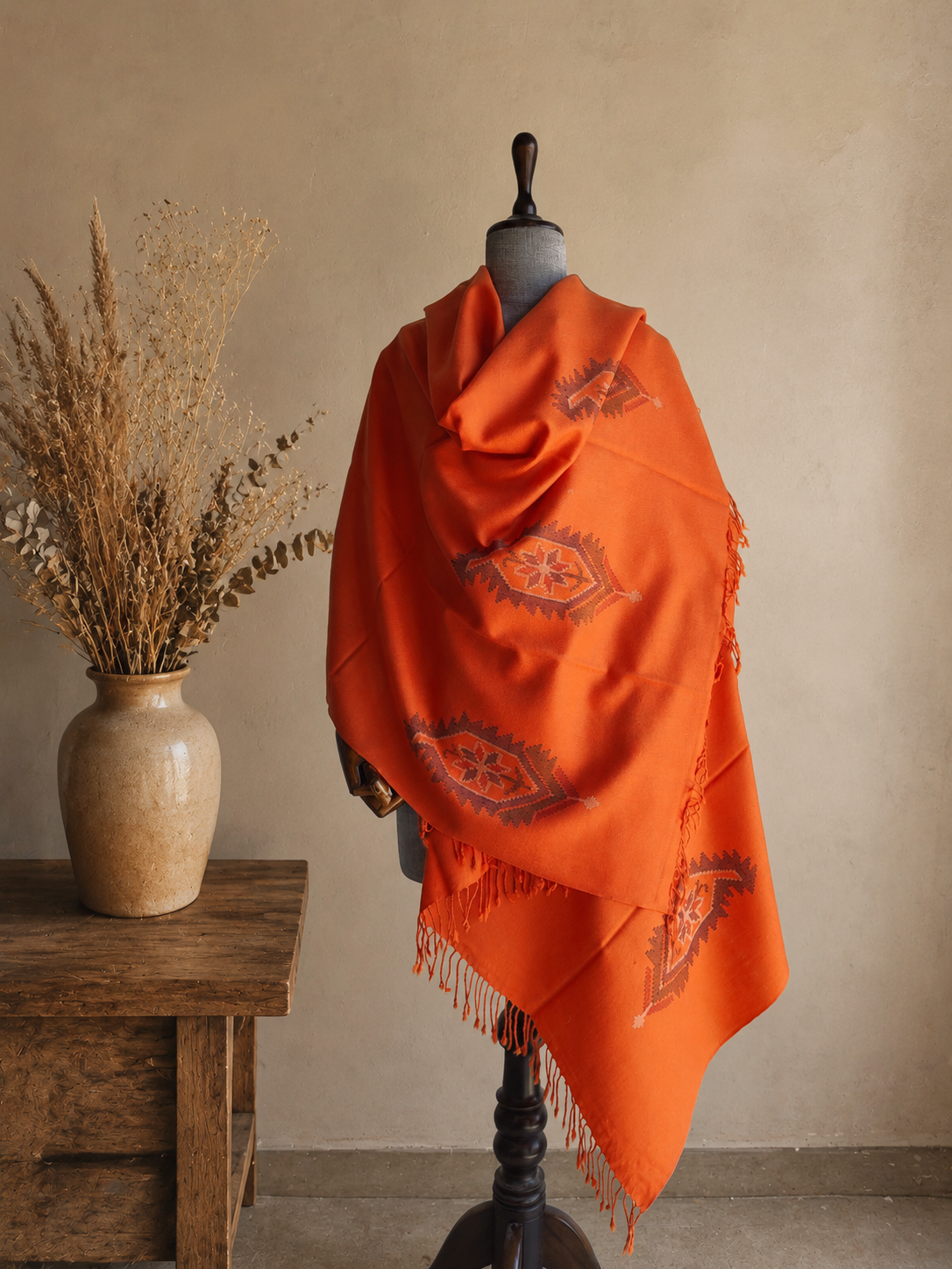 Handwoven Marigold Crest Kullu shawl in pure merino wool, orange - front view
