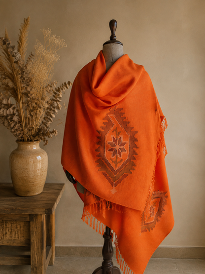 Handwoven Marigold Crest Kullu shawl in pure merino wool, orange - close-up texture