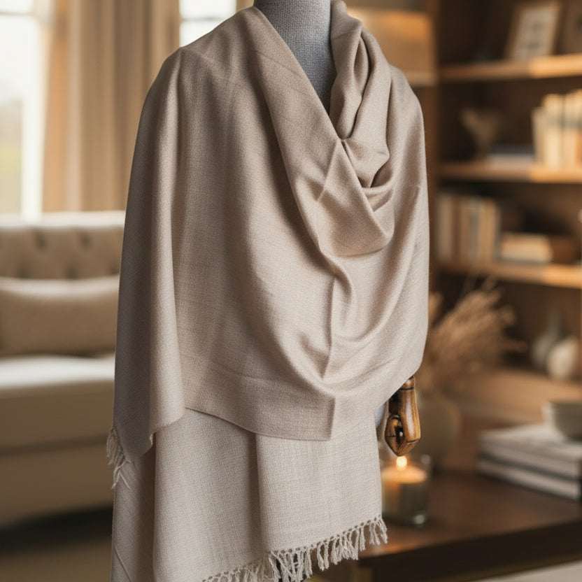 Handwoven men's Kullu shawl in polywool, beige - front view