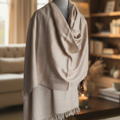 Handwoven men's Kullu shawl in polywool, beige - front view