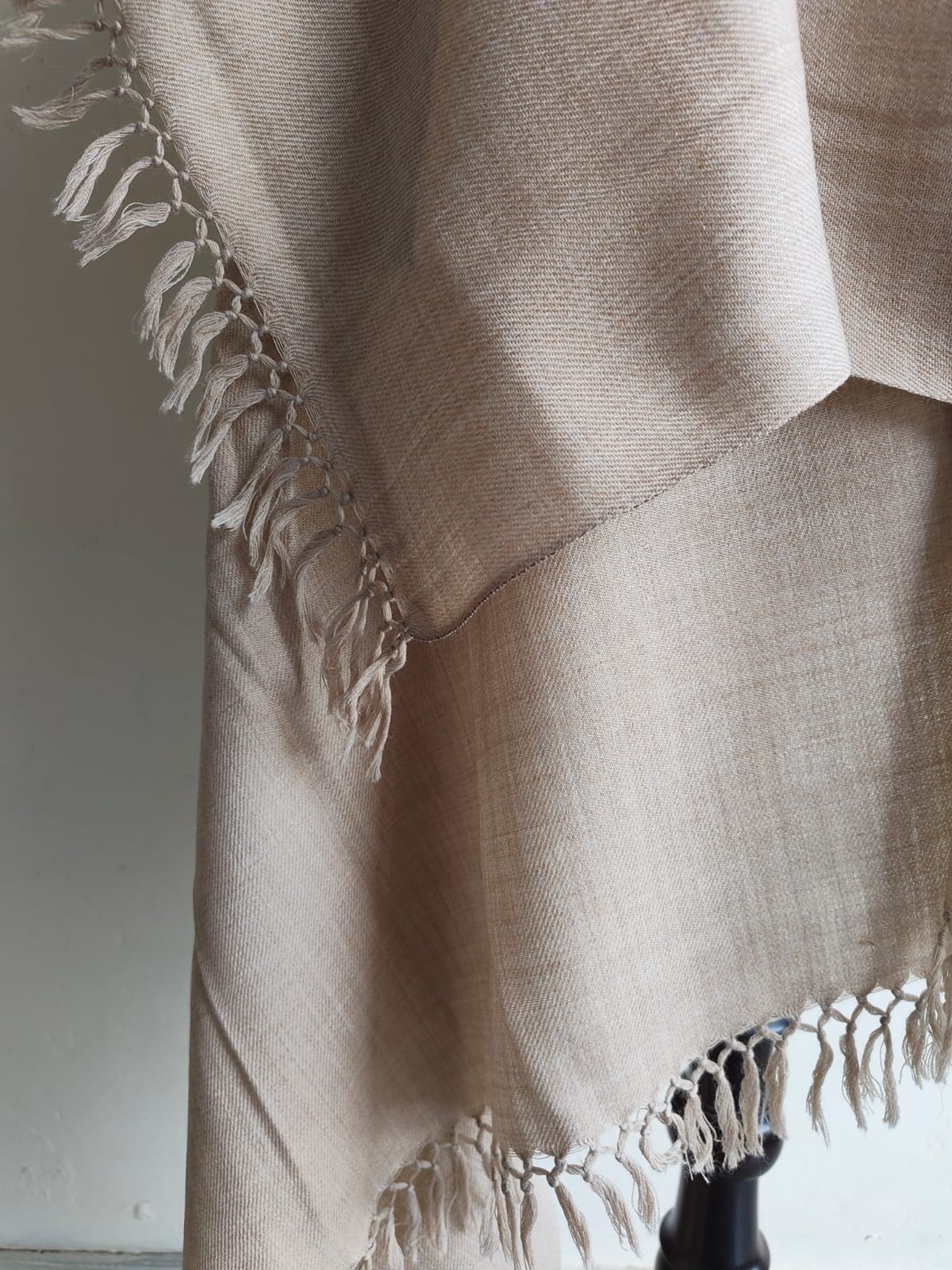 Handwoven men's Kullu shawl in polywool, beige - folded view