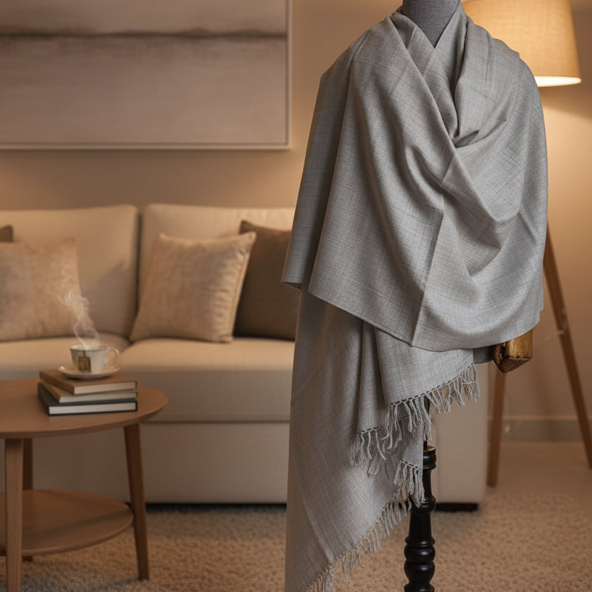 Handwoven men's Kullu shawl in polywool, grey - front view