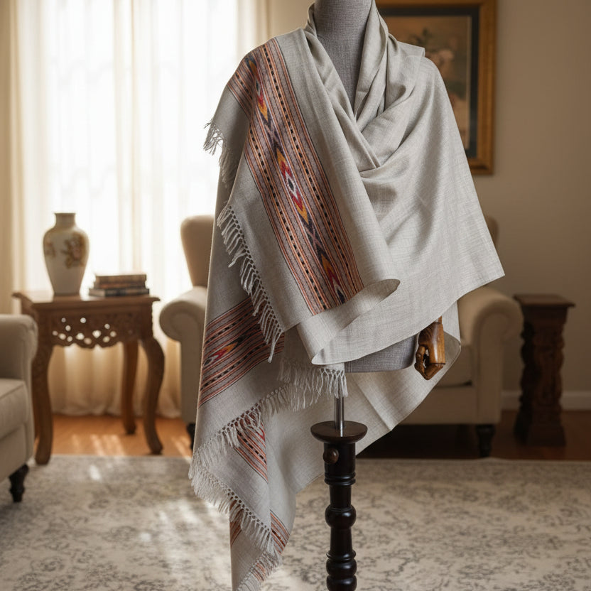 Handwoven men's Kullu shawl in polywool with heritage border, grey - front view