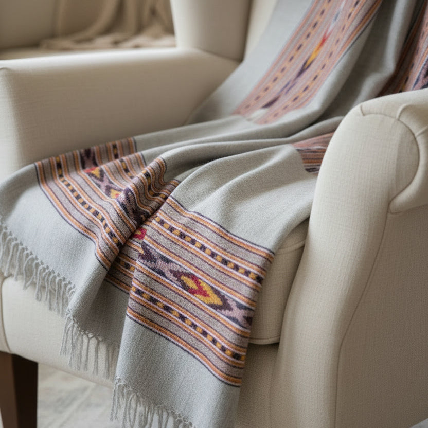 Handwoven men's Kullu shawl in polywool with heritage border, grey - folded view