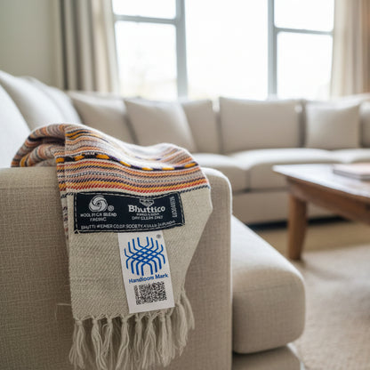 Handwoven men's Kullu shawl in polywool with heritage border, grey - close-up texture