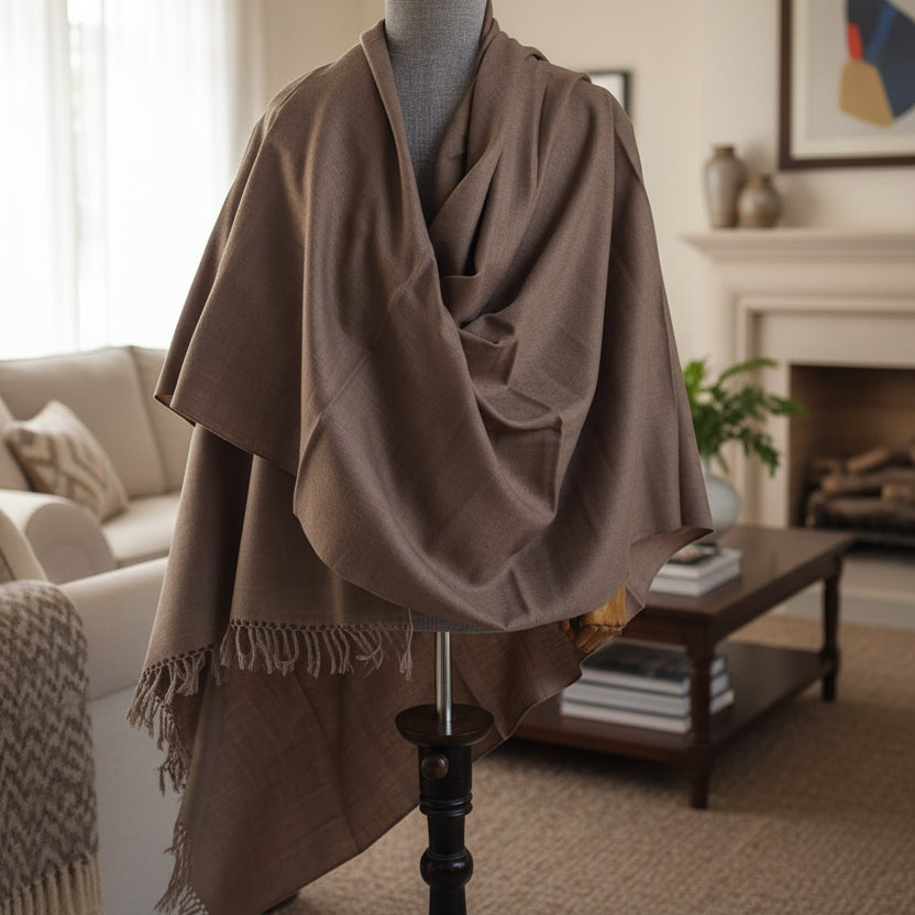 Handwoven men's Kullu shawl in polywool, taupe grey - front view