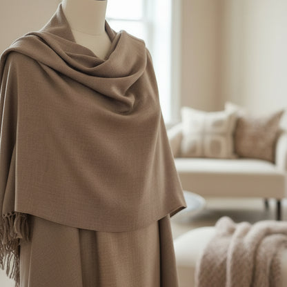 Handwoven men's Kullu shawl in polywool, taupe grey - folded view
