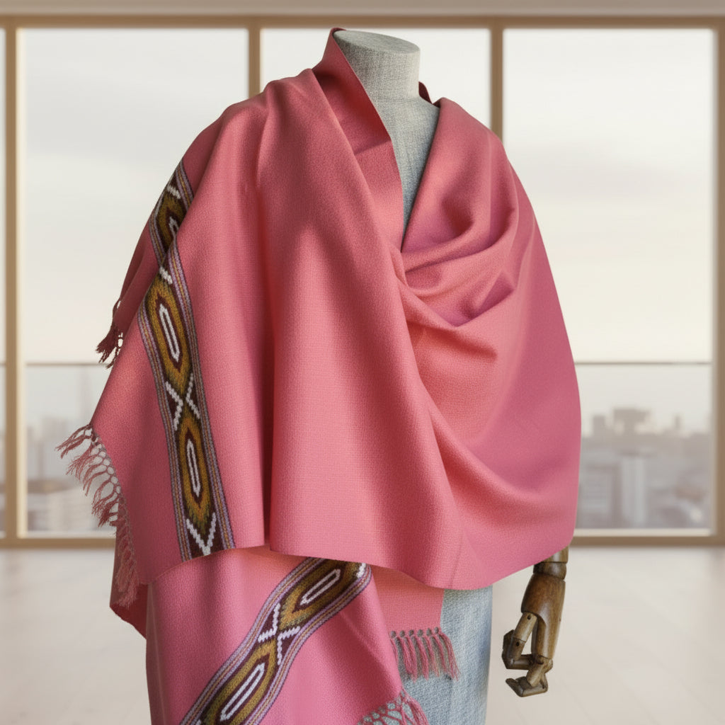 Handwoven polywool Kullu stole, pink - front view