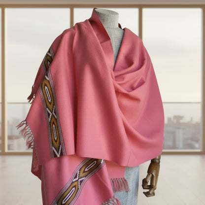 Handwoven polywool Kullu stole, pink - front view
