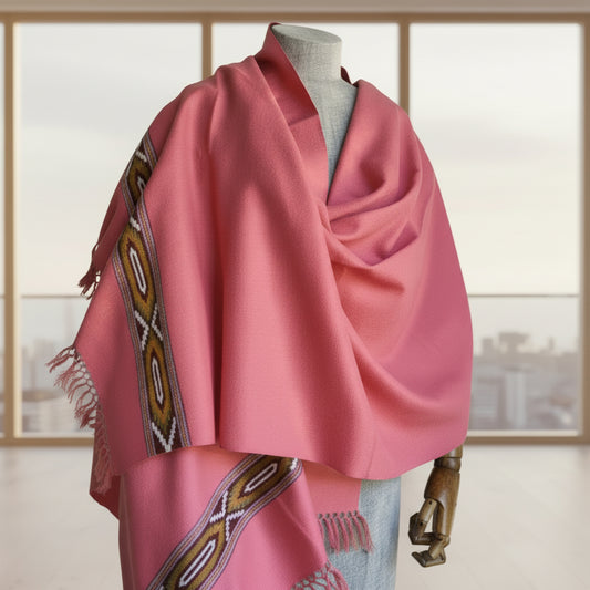 Handwoven polywool Kullu stole, pink - front view