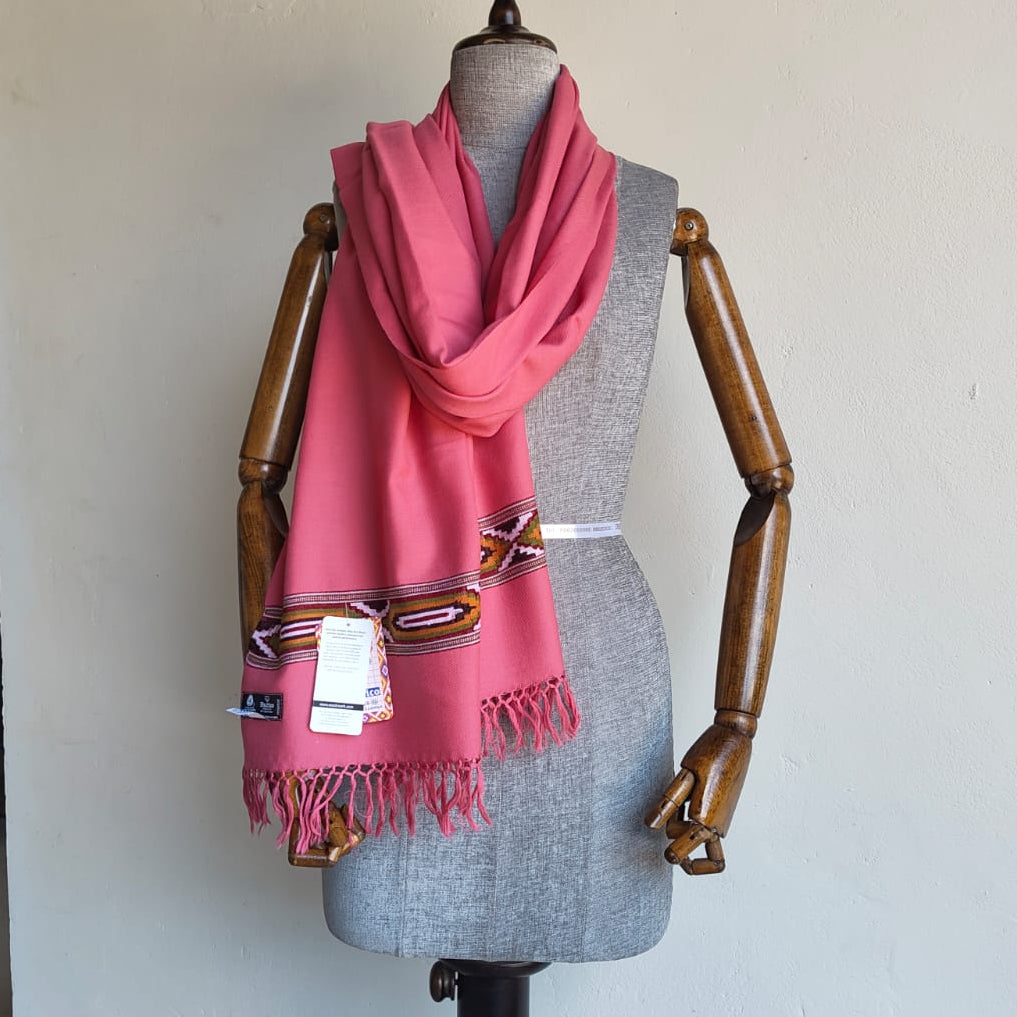 Handwoven polywool Kullu stole, pink - folded view