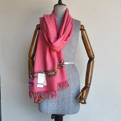 Handwoven polywool Kullu stole, pink - folded view