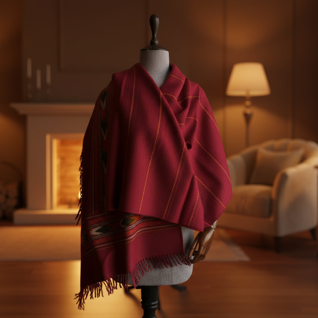 Handwoven Heritage Kullu stole in pure wool, maroon - front view