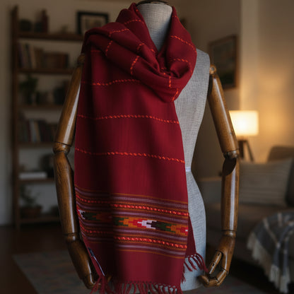 Handwoven Heritage Kullu stole in pure wool, maroon - folded view