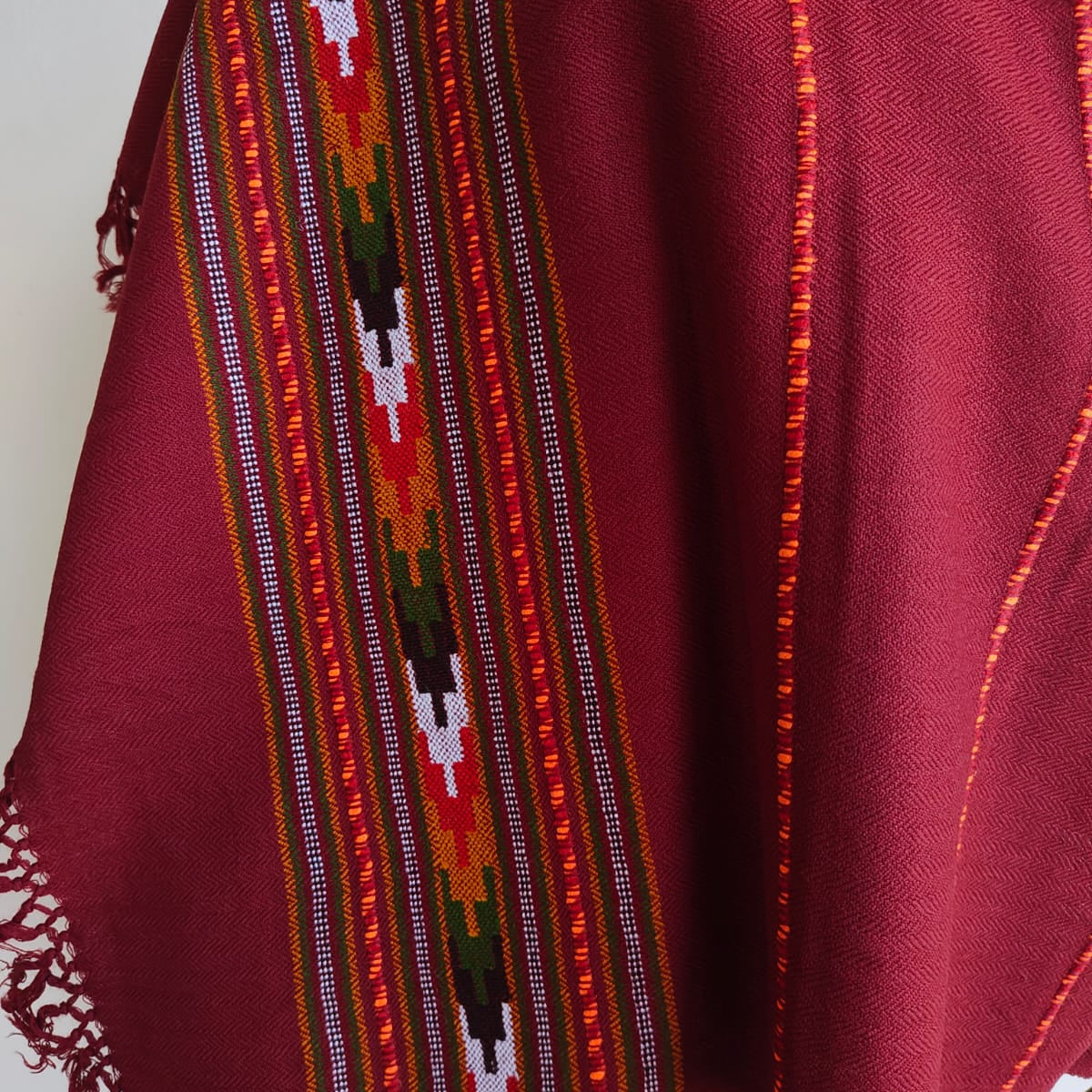 Handwoven Heritage Kullu stole in pure wool, maroon - close-up texture