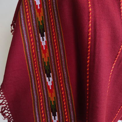 Handwoven Heritage Kullu stole in pure wool, maroon - close-up texture