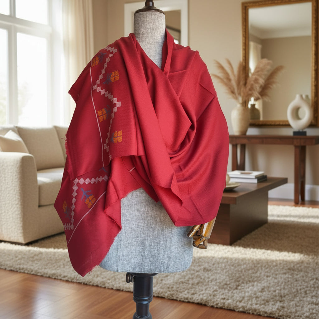 Handwoven pure wool Kullu stole, maroon - front view