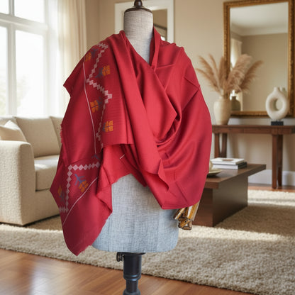 Handwoven pure wool Kullu stole, maroon - front view