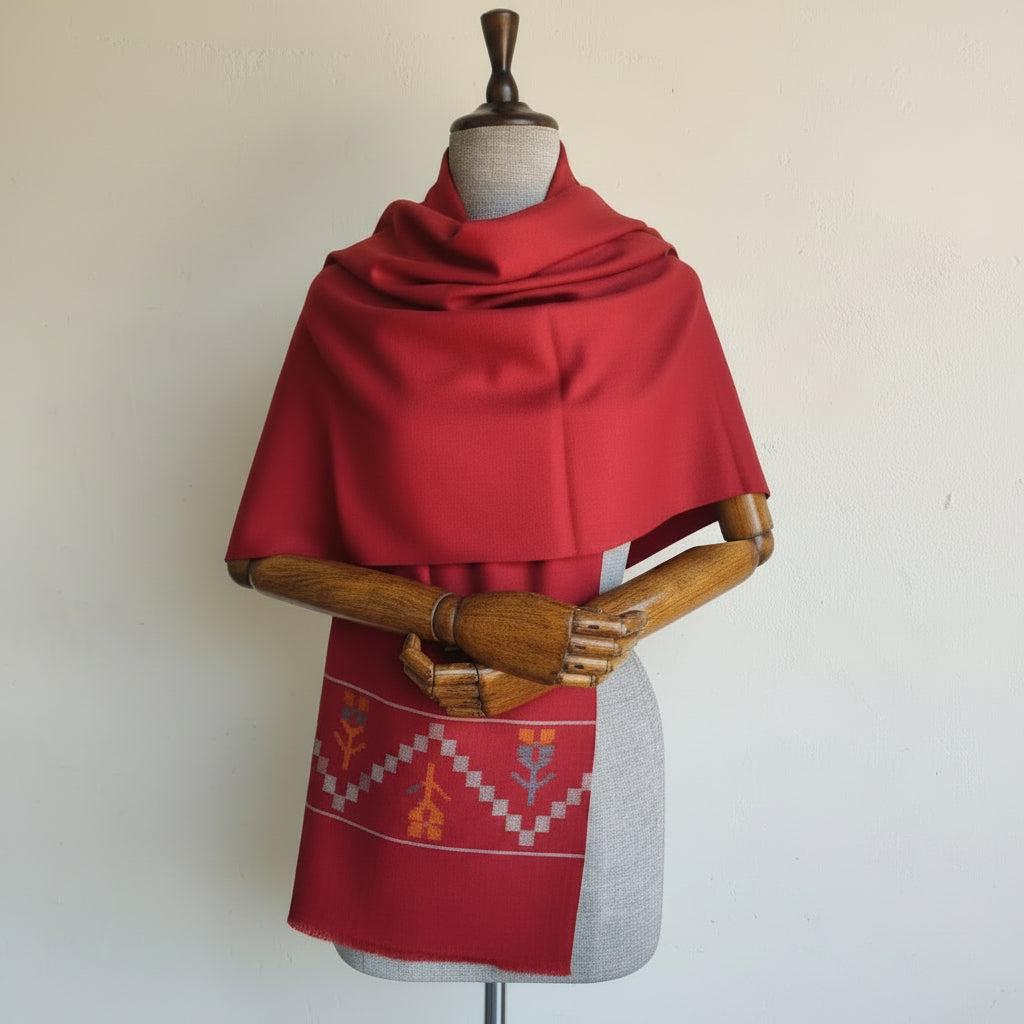 Handwoven pure wool Kullu stole, maroon - folded view