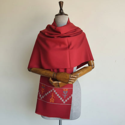 Handwoven pure wool Kullu stole, maroon - folded view