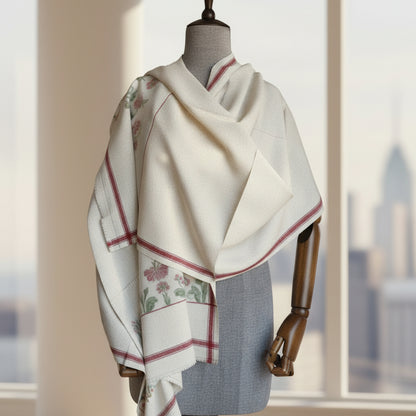 Handwoven pure wool Kullu stole, white - front view