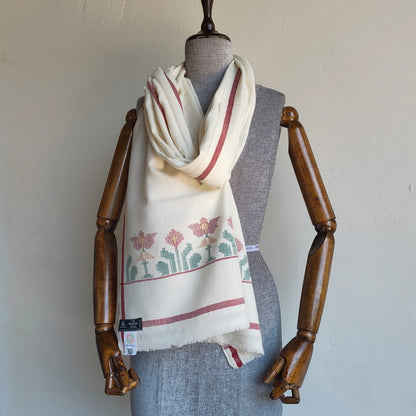 Handwoven pure wool Kullu stole, white - folded view