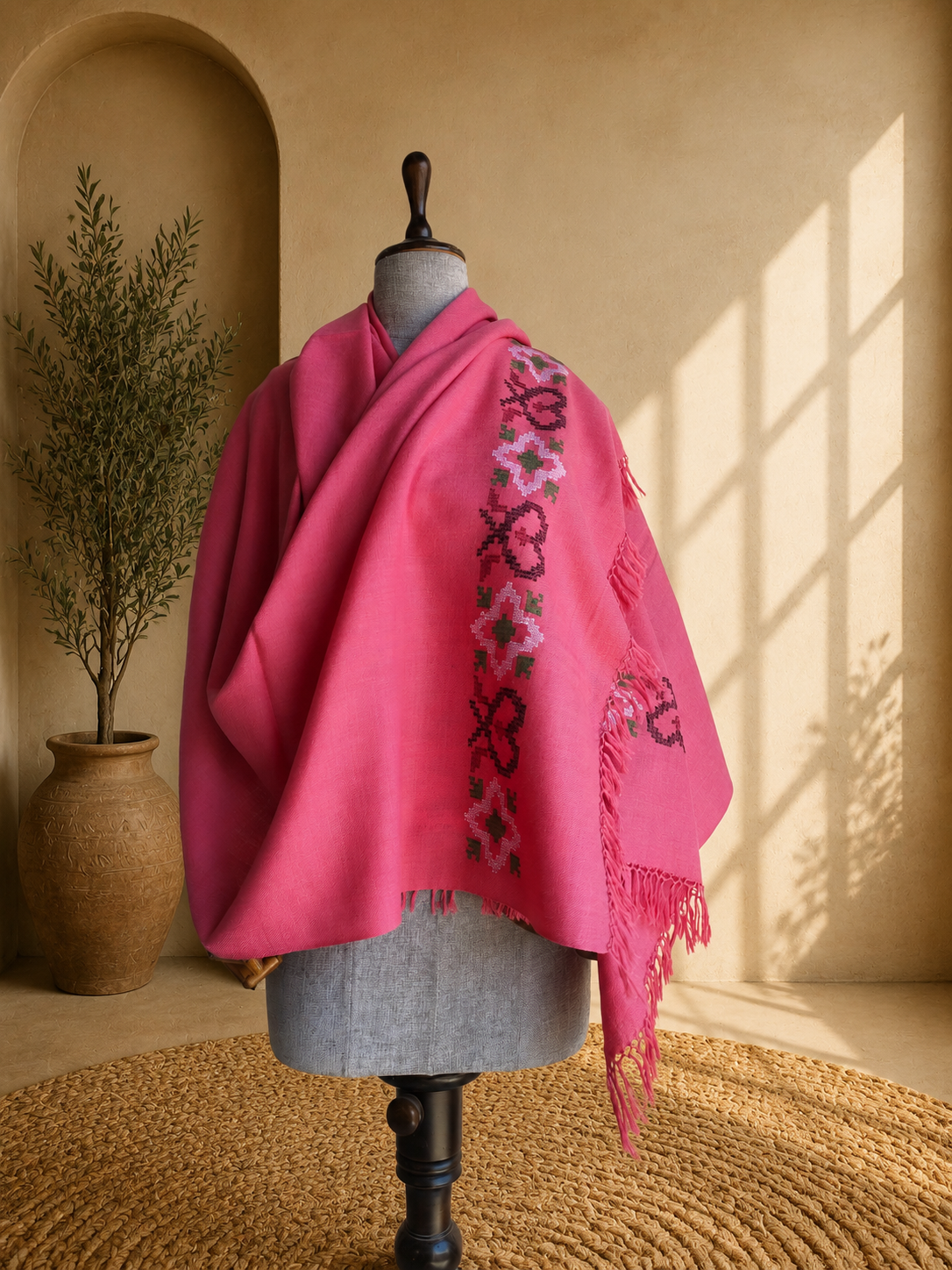 Handwoven Rose Bloom Kullu shawl in polywool, pink - front view