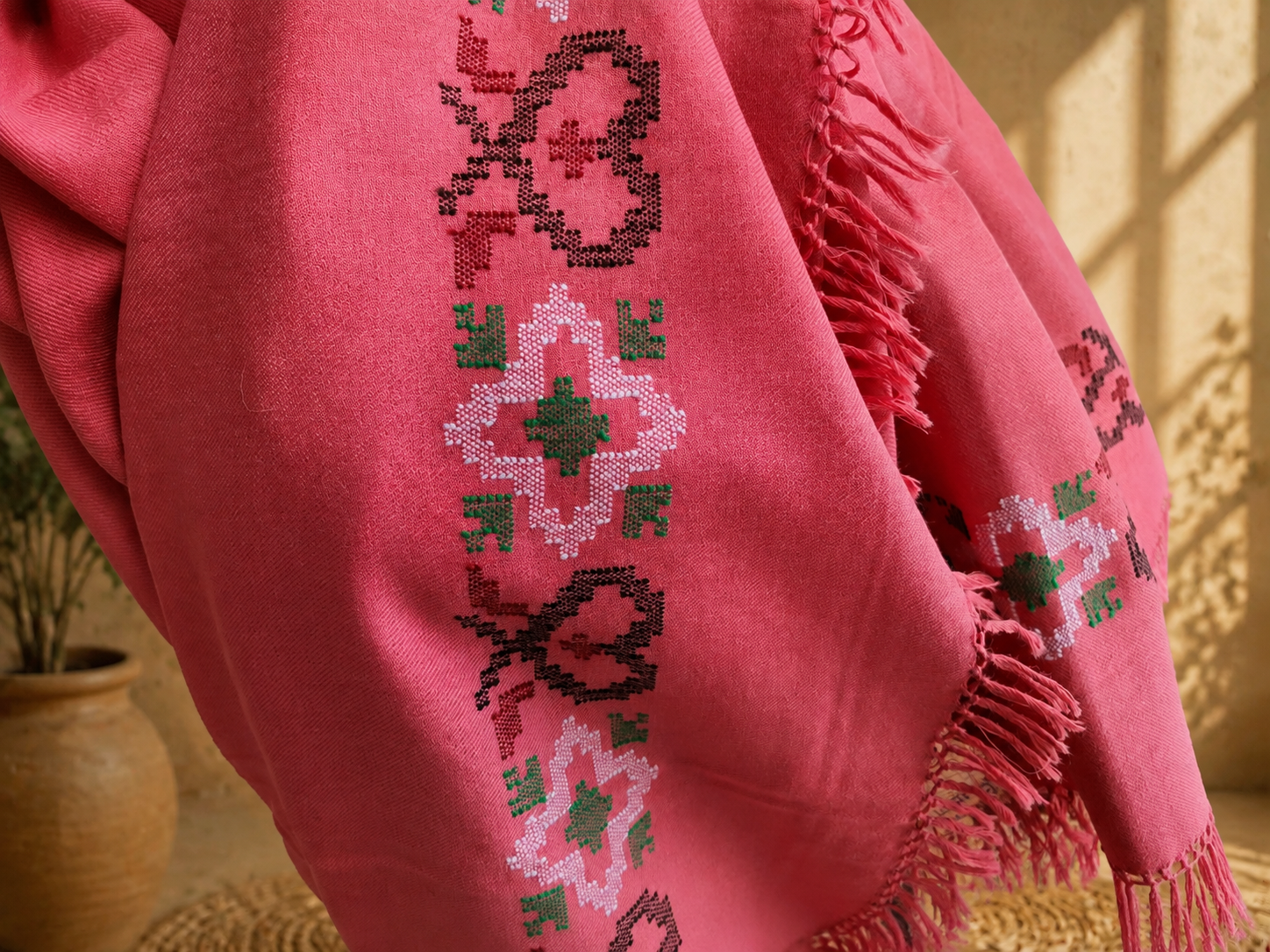 Handwoven Rose Bloom Kullu shawl in polywool, pink - close-up texture