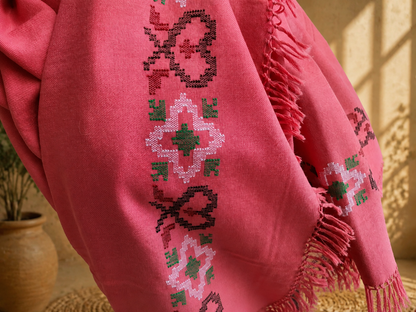 Handwoven Rose Bloom Kullu shawl in polywool, pink - close-up texture