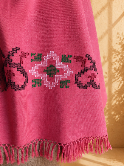 Handwoven Rose Bloom Kullu shawl in polywool, pink - folded view