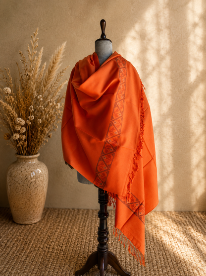 Handwoven Saffron Ember Kullu shawl in pure merino wool, orange - front view