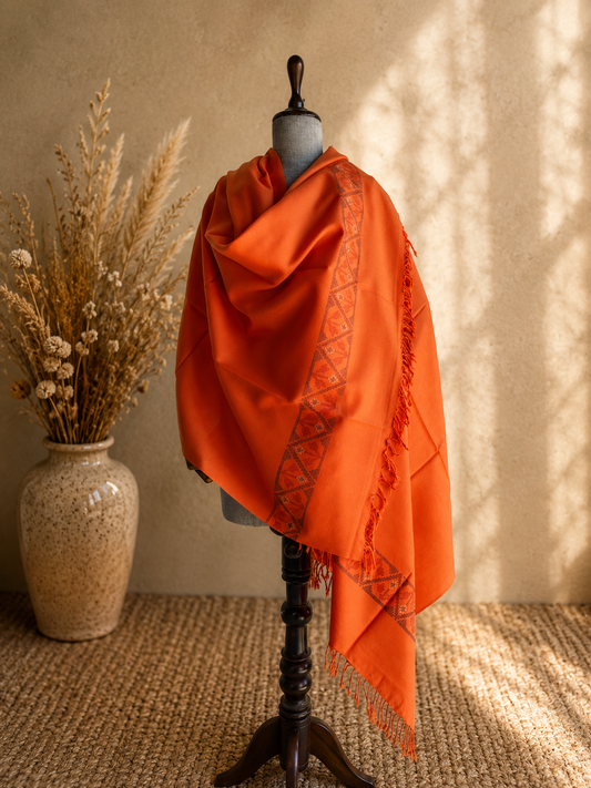 Handwoven Saffron Ember Kullu shawl in pure merino wool, orange - front view