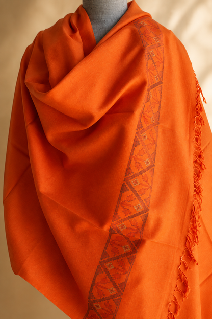 Handwoven Saffron Ember Kullu shawl in pure merino wool, orange - close-up texture