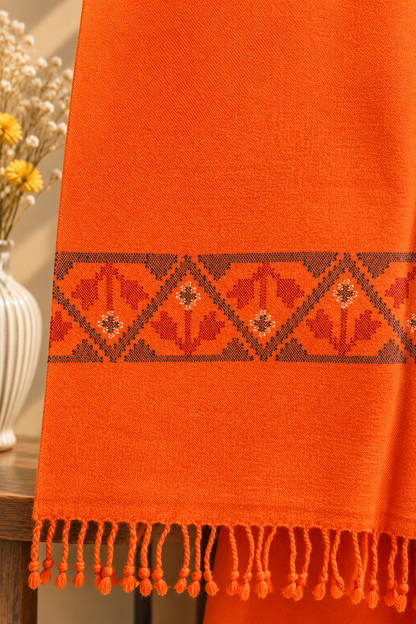 Handwoven Saffron Ember Kullu shawl in pure merino wool, orange - detail view