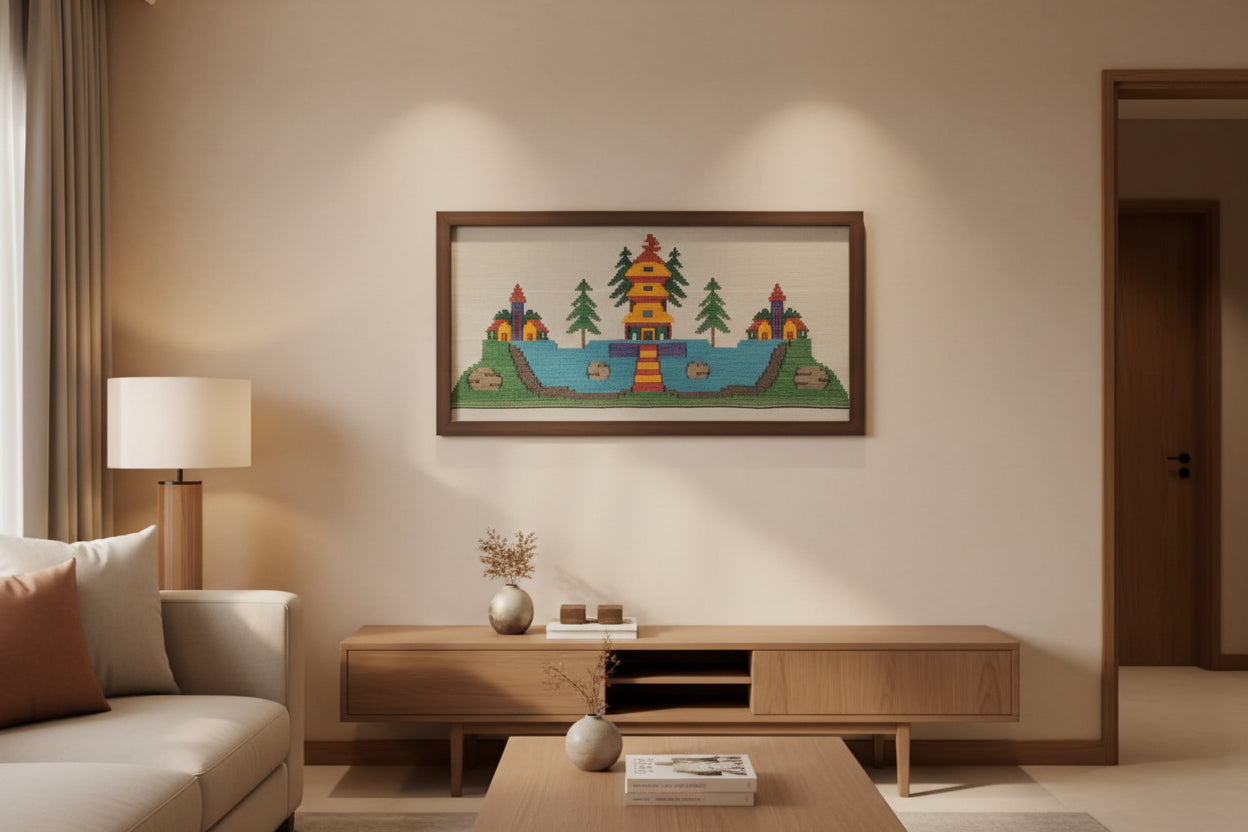 Handwoven wool wall art, Temple by the Lake - front view