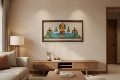 Handwoven wool wall art, Temple by the Lake - front view
