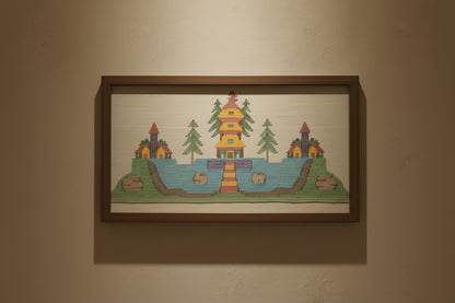 Handwoven wool wall art, Temple by the Lake - detail view