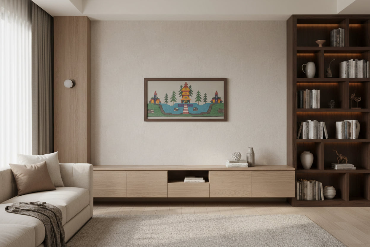 Handwoven wool wall art, Temple by the Lake - front view