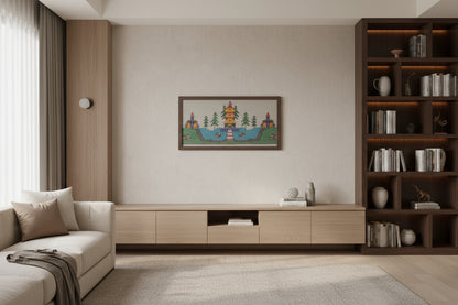 Handwoven wool wall art, Temple by the Lake - front view